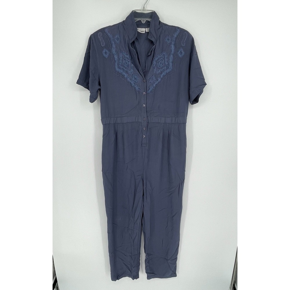 Styleworks Vintage Women's Blue Embroidered Button Front Jumpsuit Size 12‎